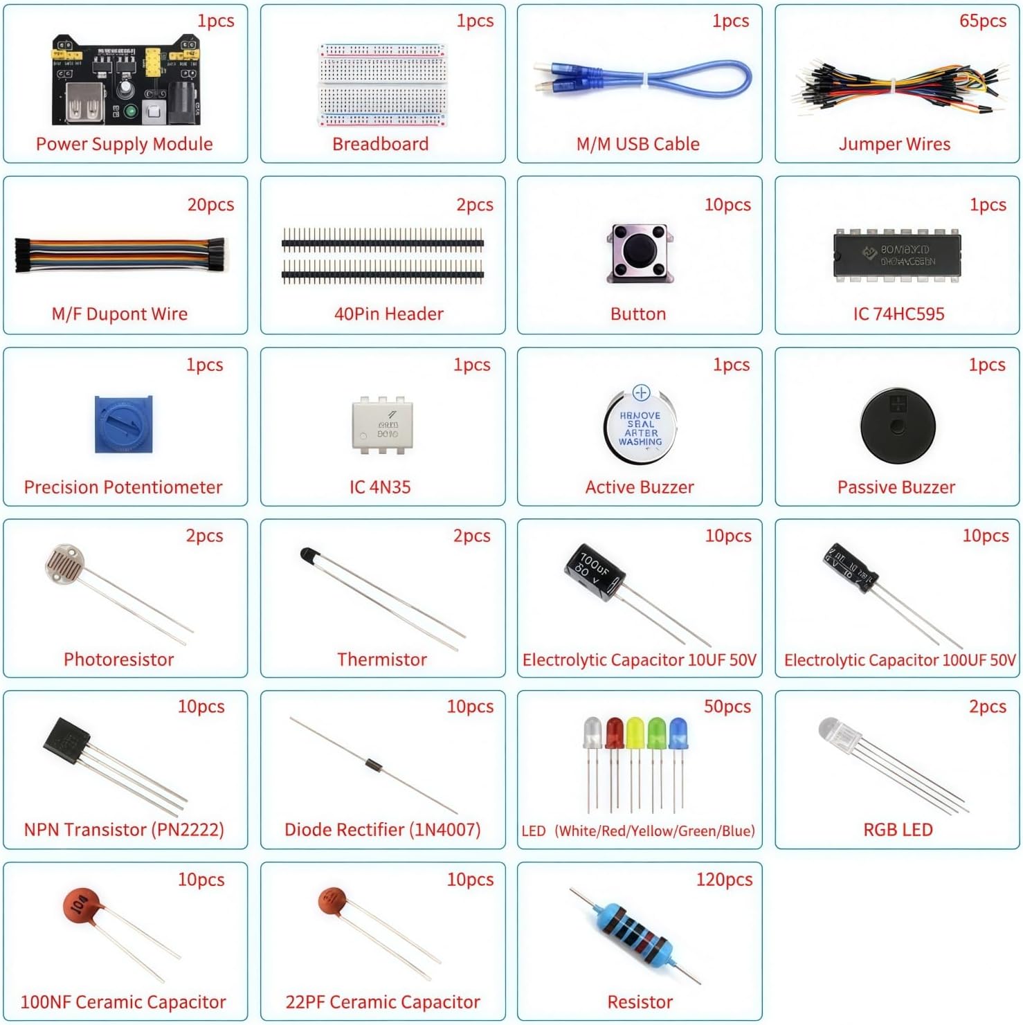 Electronics Basic Kit w/Power Supply Module, Breadboard, Jumper Wire, LED,Resistor, comes with more than 300pcs