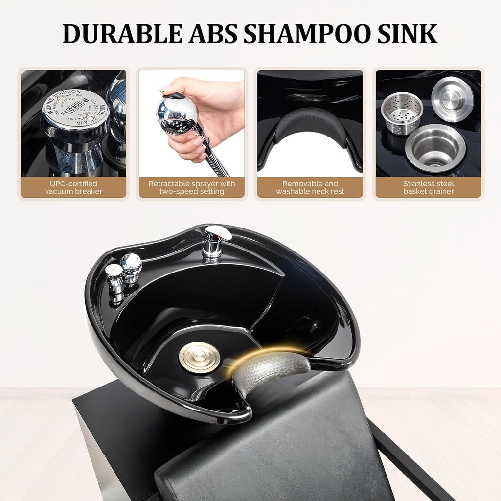 Salon Shampoo Bowl and Chair, Hair Washing Station w/Tilting Sink & Storage Cabinet, Backwash Barber Chair for