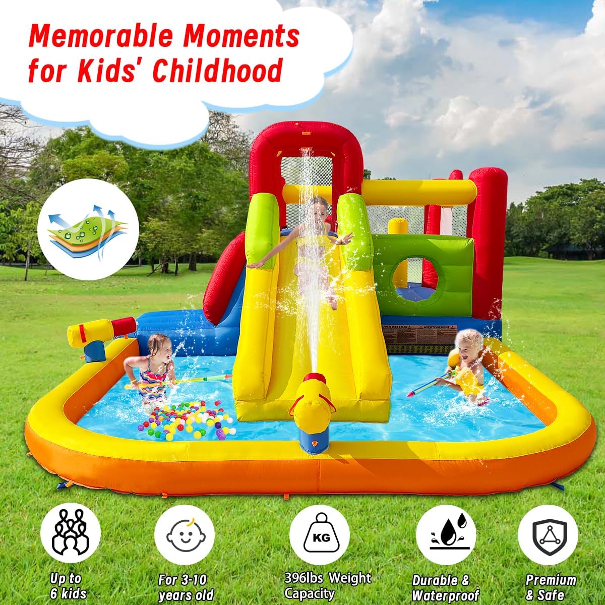 Inflatable Water Slide Bounce House for Kids, 12-In-1 Water Park with Splash Pool, Double Cannons, 2 Climbing Walls
