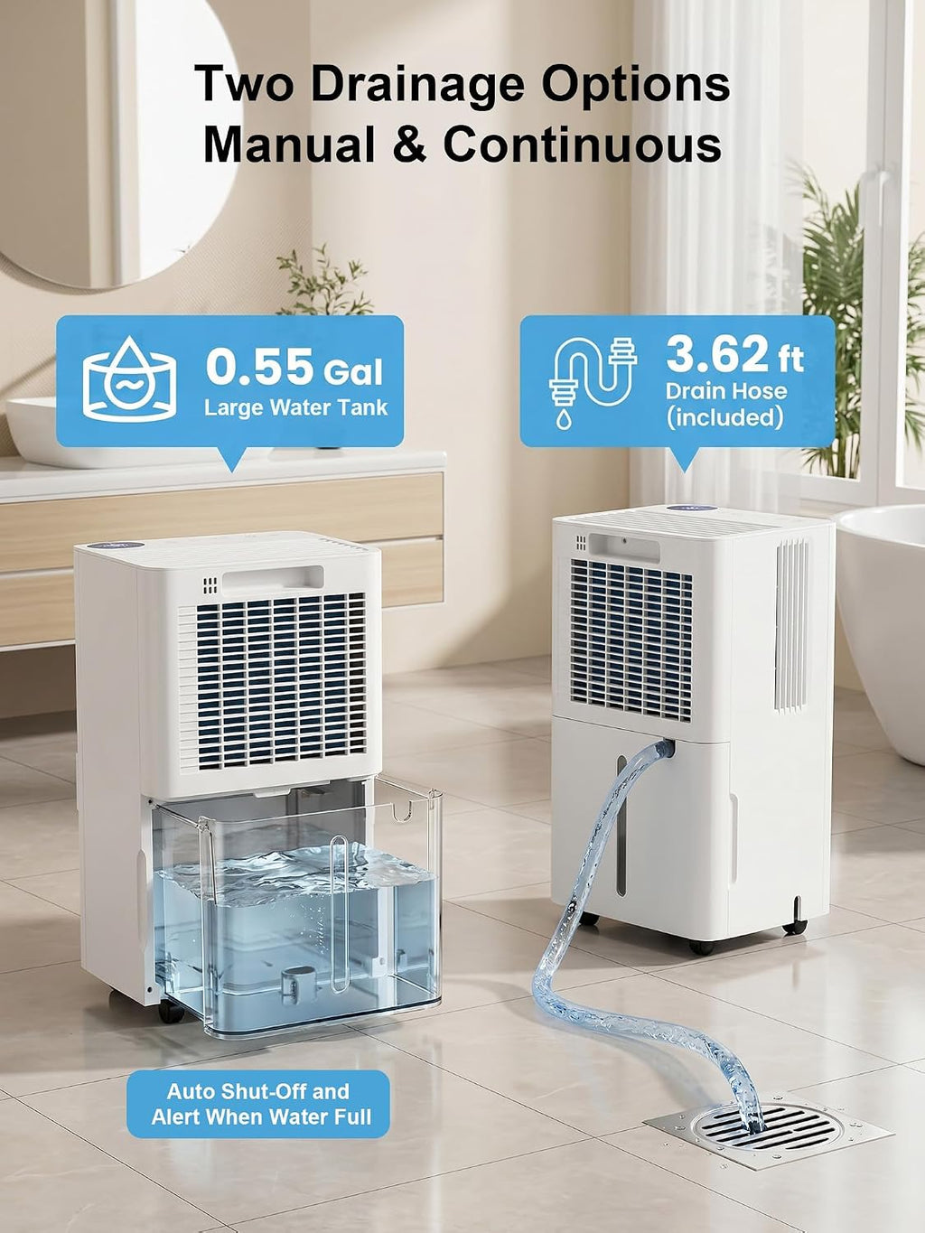3000 Sq. ft Basement Dehumidifiers for Home with Drain Hose | Portable, Large Quiet Dehumidifier for Bedroom Dorm