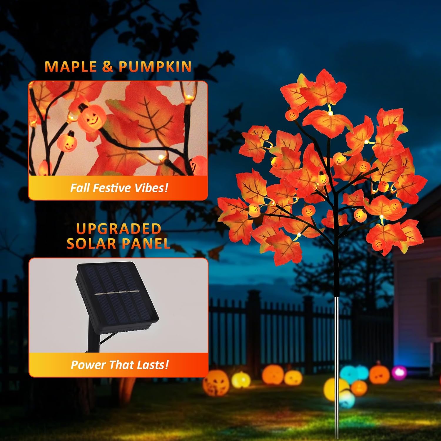 4 Packs Solar Fall Thanksgiving Decorations Outdoor, 80LED Maple Leaf Pumpkin Fall Lights for Outdoor Fall