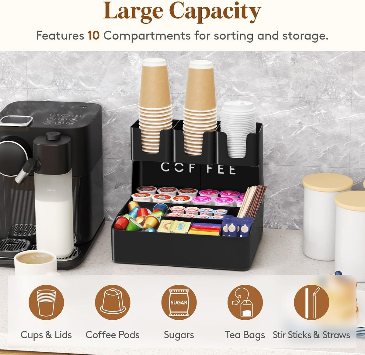 2-tier Coffee Station Organizer, 10 Compartments, Black, Plastic