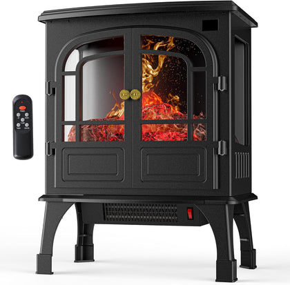Electric Fireplace Heater, 26" Freestanding Two Door Electric Fireplace Stove with 3D Flame Effect & Remote Control