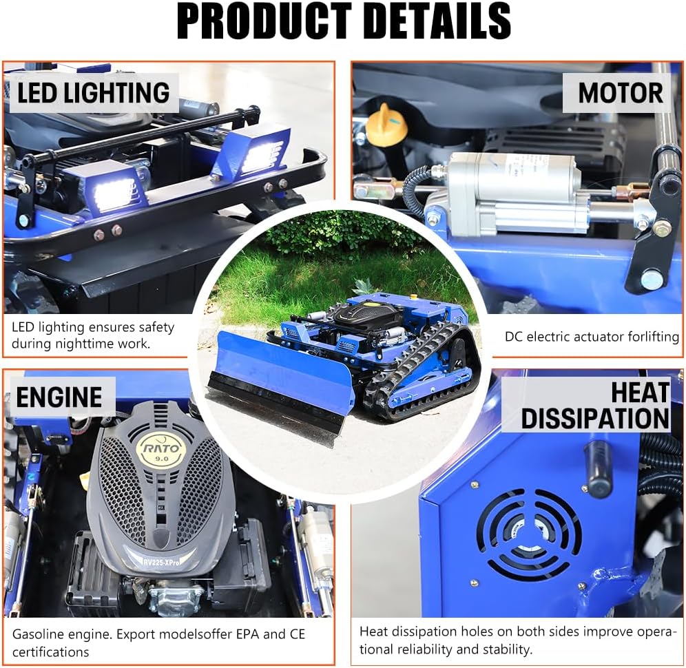 Remote Control Lawn Mower with Snow Plow, Crawler Track All-Terrain System, Hybrid Oil-Electric Power for Steep