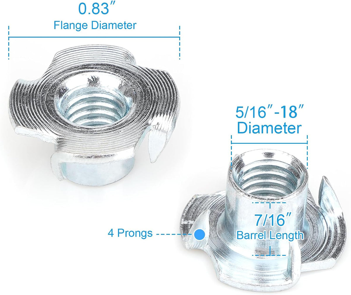 5/16"-18 100 Pcs Threaded Inserts T Nuts, Zinc-Plated