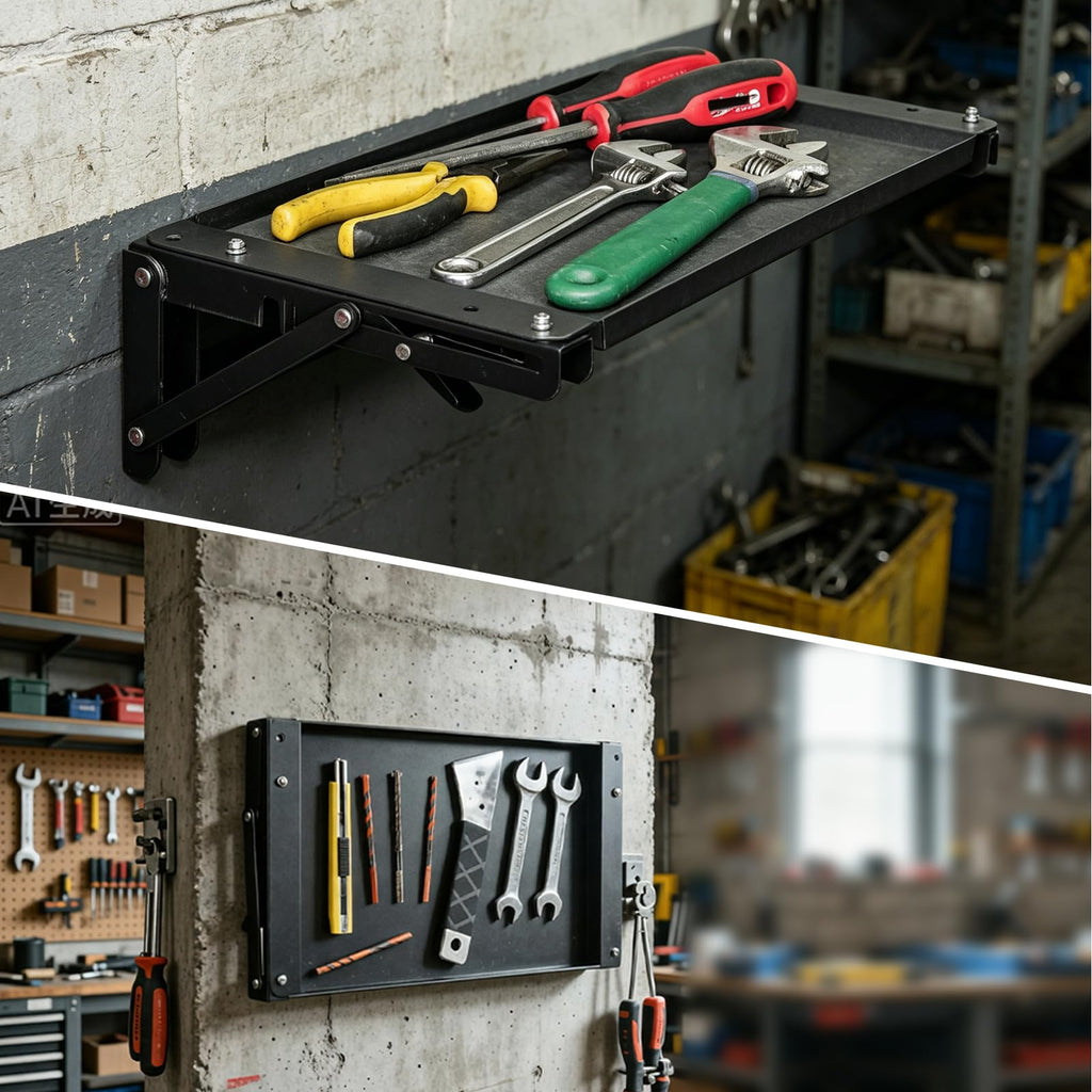 Wall-Mounted Folding Metal Workbench with Magnetic Tool Tray