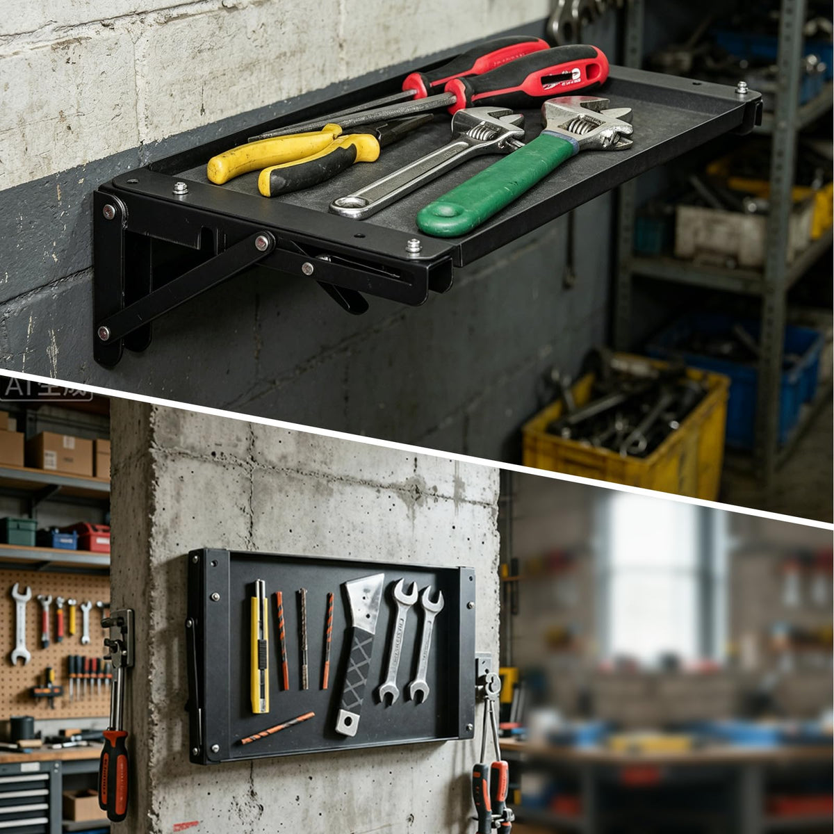 Wall-Mounted Folding Metal Workbench with Magnetic Tool Tray