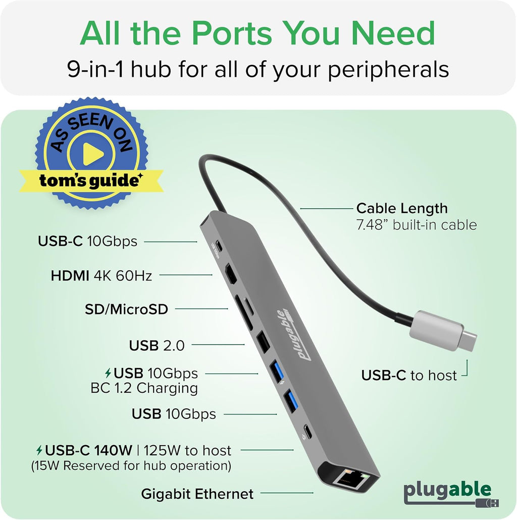 USB C Hub Multiport Adapter: 9-in-1 with 140W PD Charging, 4K 60Hz HDMI, 10Gbps Data Transfer, Gigabit Ethernet, SD