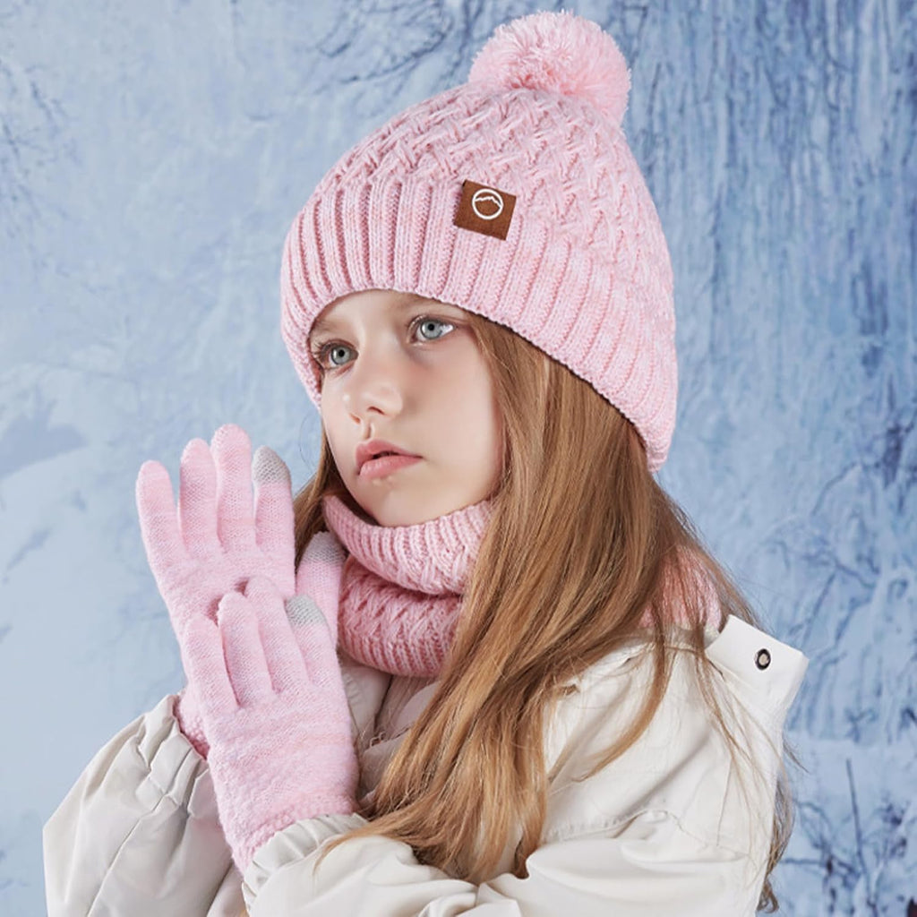 Kids Winter Hat Gloves Scarf Set, Pom Wool Warm Fleece Beanie Knit Neck Gaiter Mittens for 4-10 Years Children
