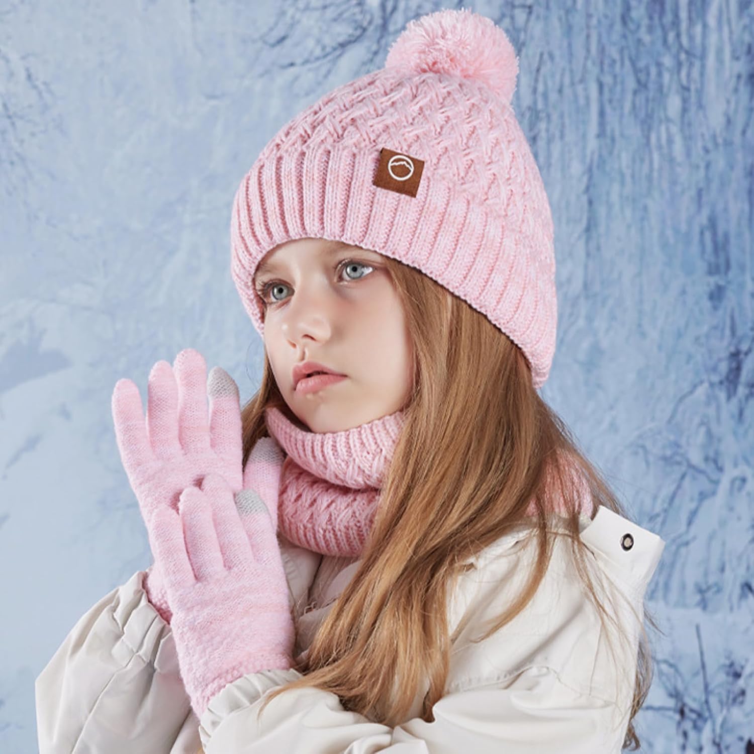 Kids Winter Hat Gloves Scarf Set, Pom Wool Warm Fleece Beanie Knit Neck Gaiter Mittens for 4-10 Years Children