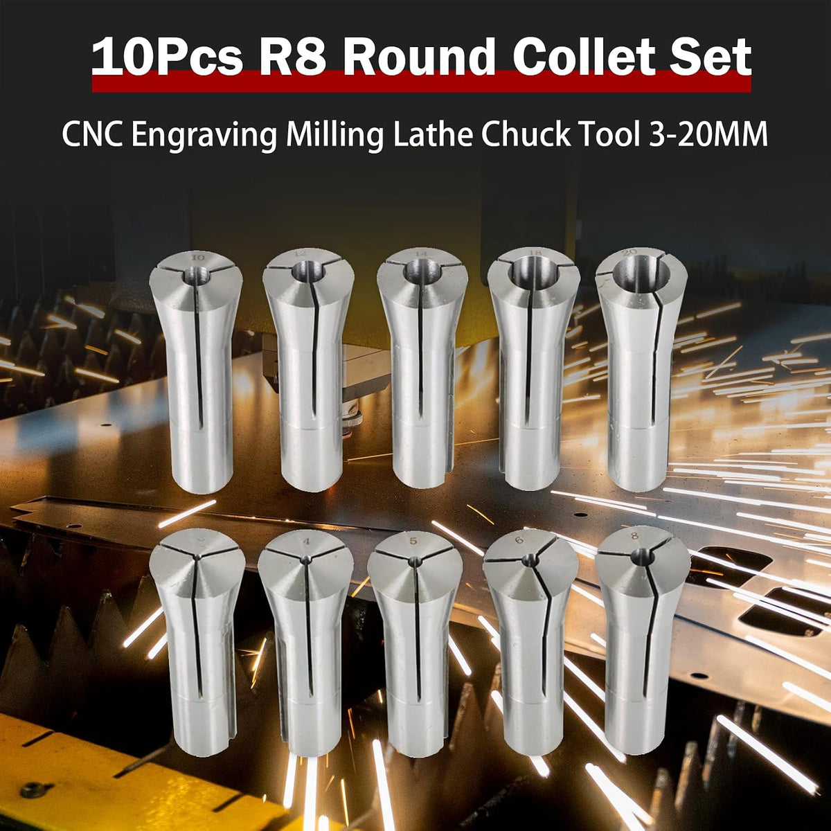 findmall R8 3-20MM Round Collet Set 10Pcs Turning Facing Holder