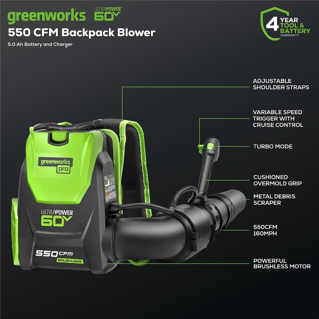 60V Backpack Leaf Blower, 550 CFM, 5.0 Ah Battery and Charger