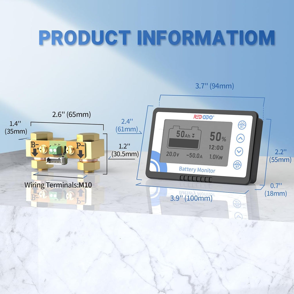 500A Battery Monitor, M10 Shunt, Voltage Alarm for 8-120V Batteries | LCD SOC/Voltage/Current/Capacity Display, Fits