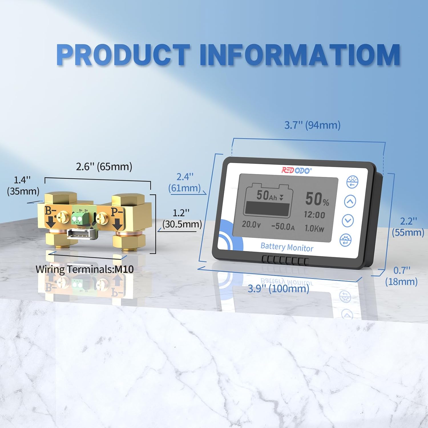 500A Battery Monitor, M10 Shunt, Voltage Alarm for 8-120V Batteries | LCD SOC/Voltage/Current/Capacity Display, Fits