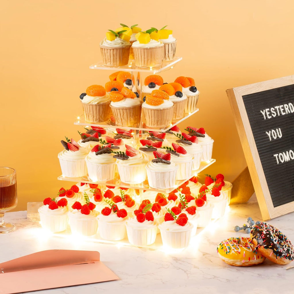 4 Tier Premium Cupcake Stand Cupcake Holder, Acrylic Cupcake Tower with LED Yellow Light for Cupcakes, Dessert Table
