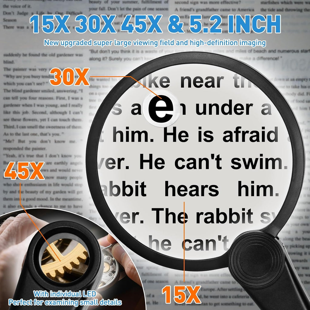 15X Rechargeable Magnifier with Light, Handheld Magnifying Glass | 20 Daylight LEDs, 3 Gear Dimming, 4.33 Inch Large