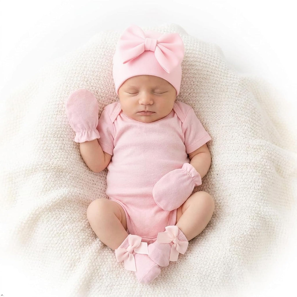 Newborn Preemie Baby Girl Hats Mittens Socks Set Soft Cotton Warm