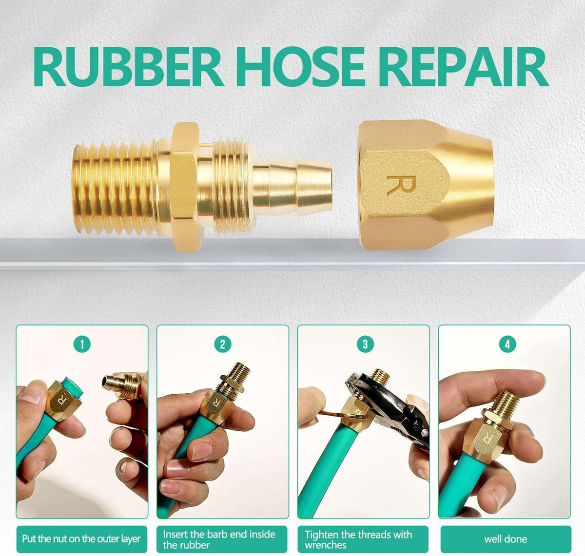 4pcs Premium Solid Brass Pneumatics Reusable Rubber Hose-End Repair Fitting, 3/8" Barb For 3/8-Inch ID Rubber Air Hose With 1/4" NPT