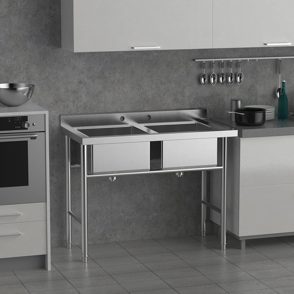 Commercial 304 Stainless Steel Sink 2 Compartment Free Standing Utility Sink for Garage, Restaurant, Kitchen, Laundry
