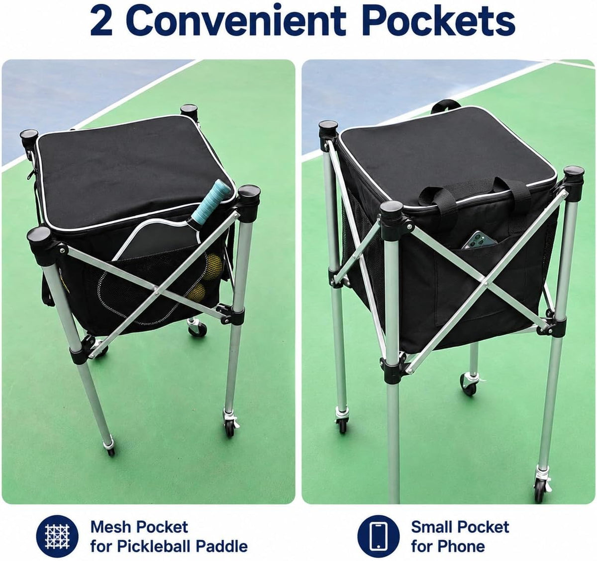 Tennis Ball Hopper&Cart for 150 Balls with Wheels,Tennis Ball Basket for Serve Training, Foldable Tennis Ball Cart