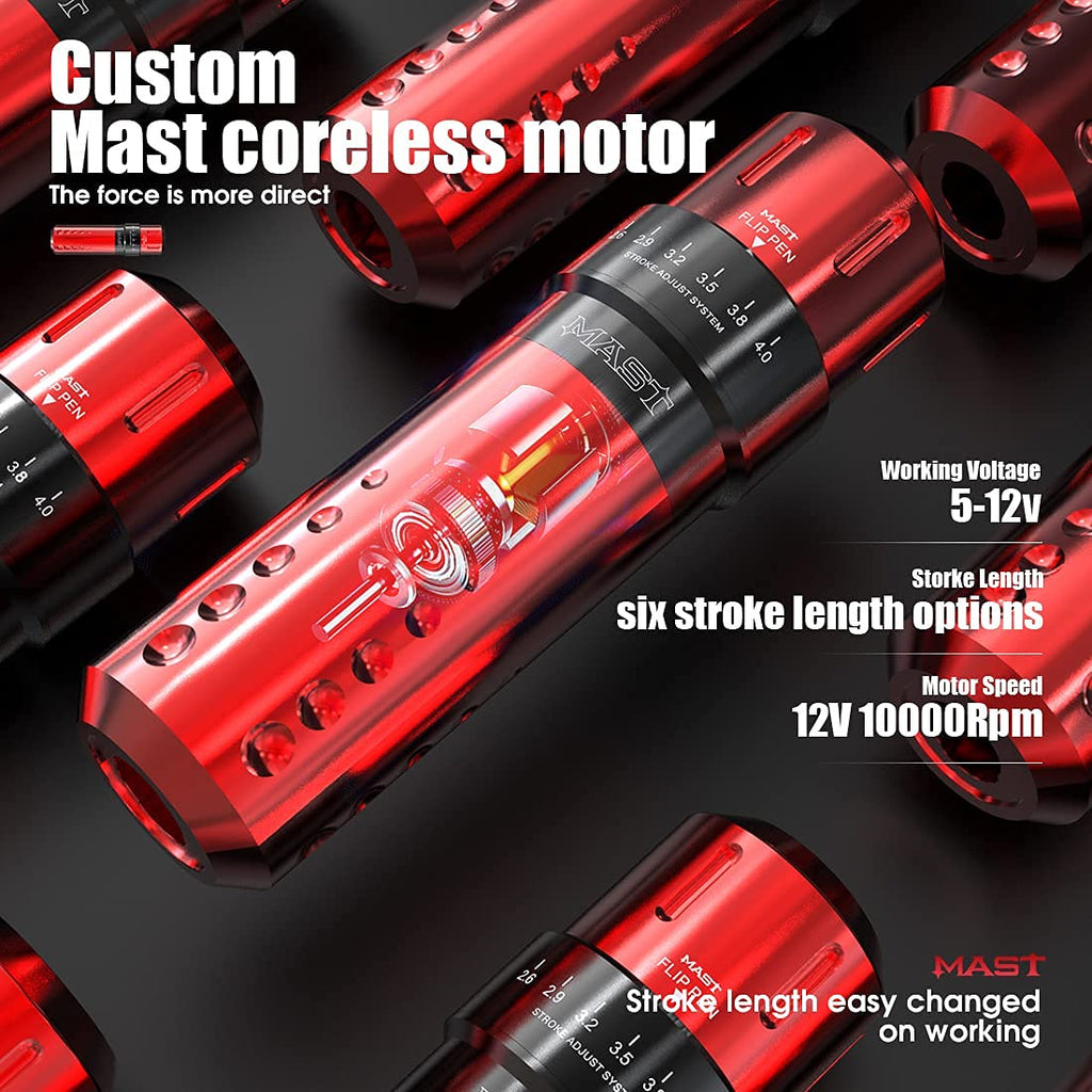 Flip Corded & Cordless Tattoo Gun Kit Rotary Tattoo Machine with 6 Strokes 2.6-4.0mm 2 Batteries 10 Needles Complete