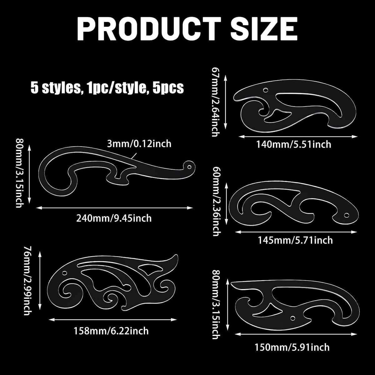 5 Pcs 5 Styles Acrylic French Curve Ruler for Sewing Tools Transparent Acrylic Drafting Stencils Templates Drawing
