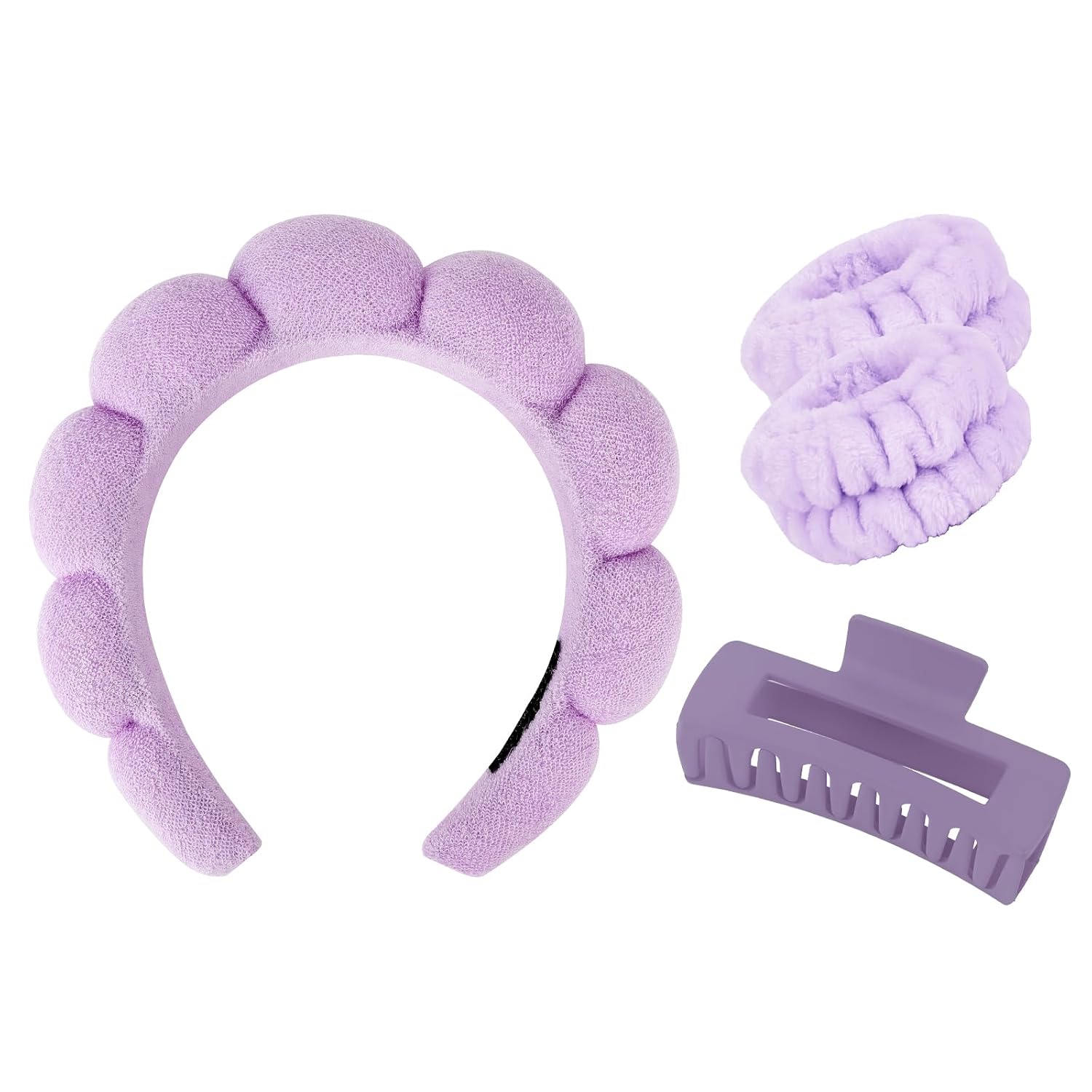 Spa Headband And Wristband Set Skincare Headband For Washing Face Hair Claw Clips For Thick Hair Cute Purple Puffy