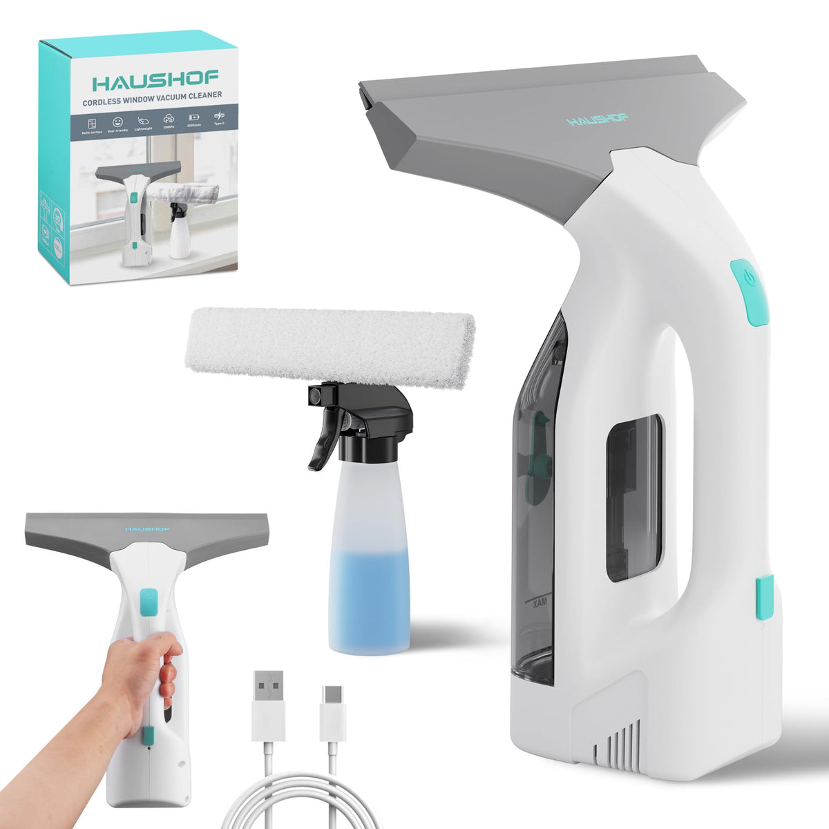 Electric Window Vacuum Squeegee 11", 2000Pa Cordless Cleaner Set