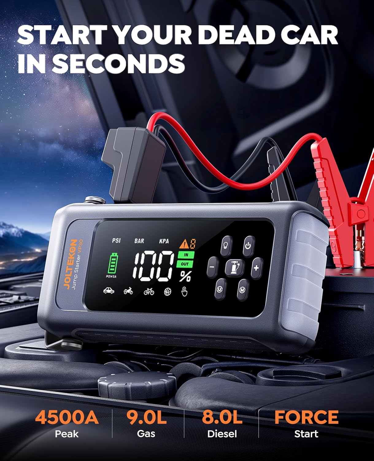 Car Battery Jump Starter with Air Compressor 4500A 150PSI, Car Jumper Starter Portable (9L Gas/8L Diesel), Jump Box