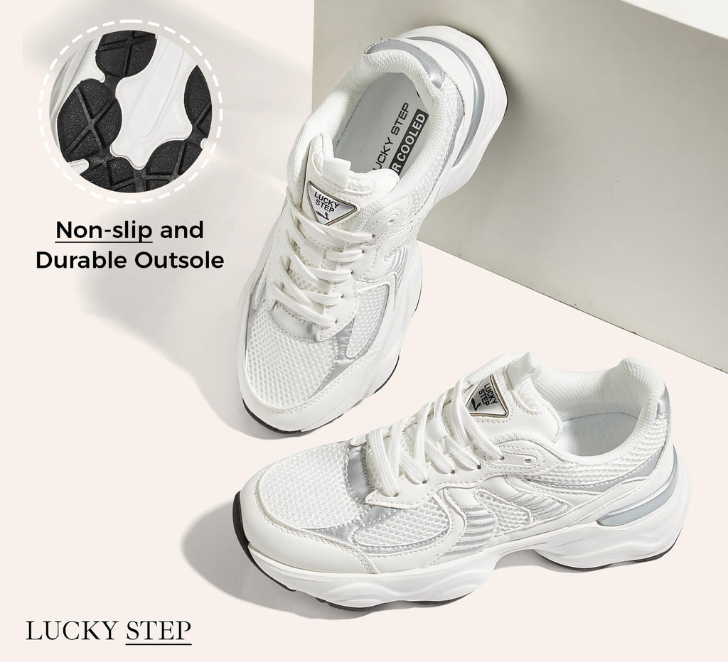 Women's Platform Chunky Fashion Sneakers, White, 8