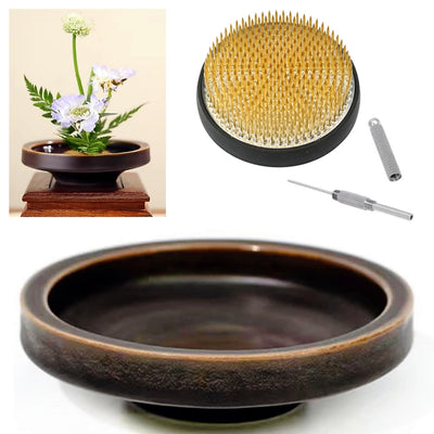 Japanese Classical Ikebana Vase Kit, Minimalist Ceramics Flower Pot Flower Shallow Container with 2.4inch Flower Frog