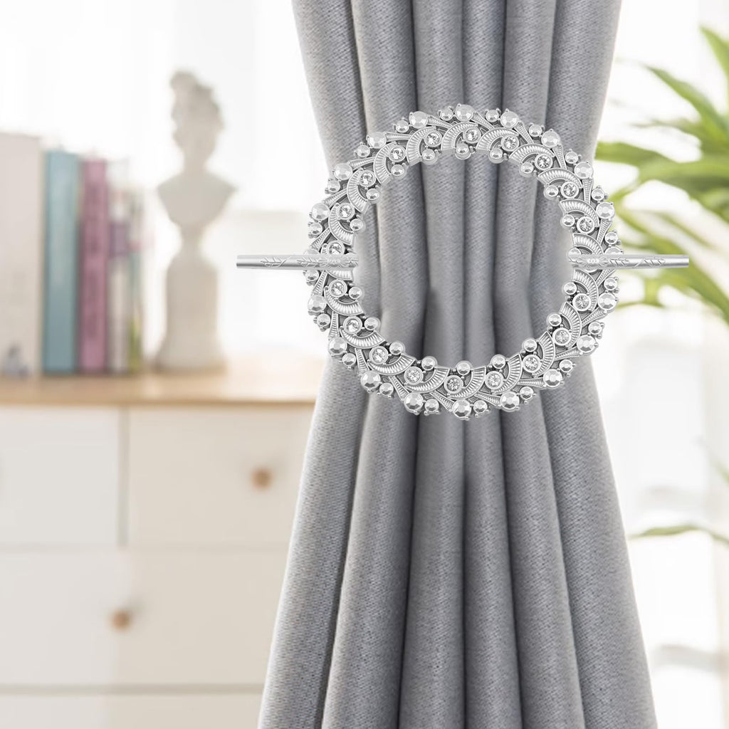 2 Pack Silver Curtain Tiebacks Round Drapery Holdbacks, 20 Crystals
