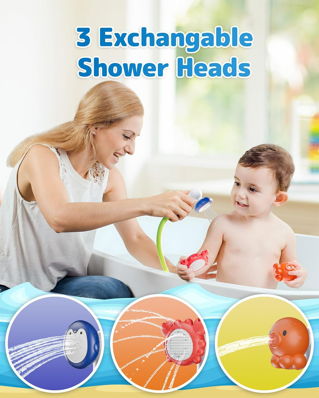 Baby Bath Shower Head with Water Thermometer, 3-in-1 Rechargeable Bath Toys, 3 Exchangable Shower Heads and Soft
