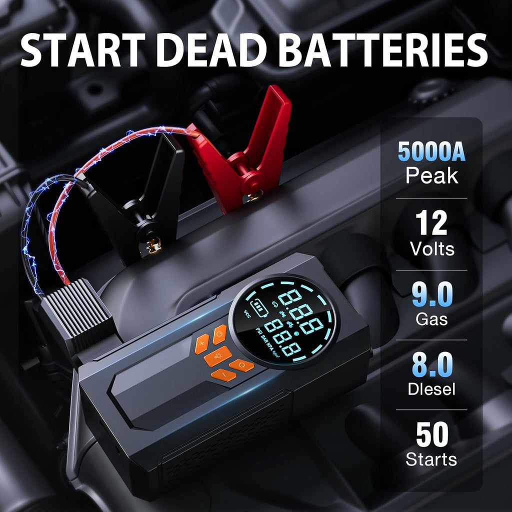 Jump Starter with Air Compressor, 5000A 160PSI Battery Jumper Starter Portable (9.0 Gas/8.0L Diesel), 12V Jump Box