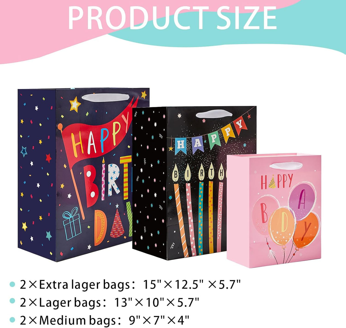Birthday Gift Bags Assorted Size with Ribbon Handles and Tissue Paper