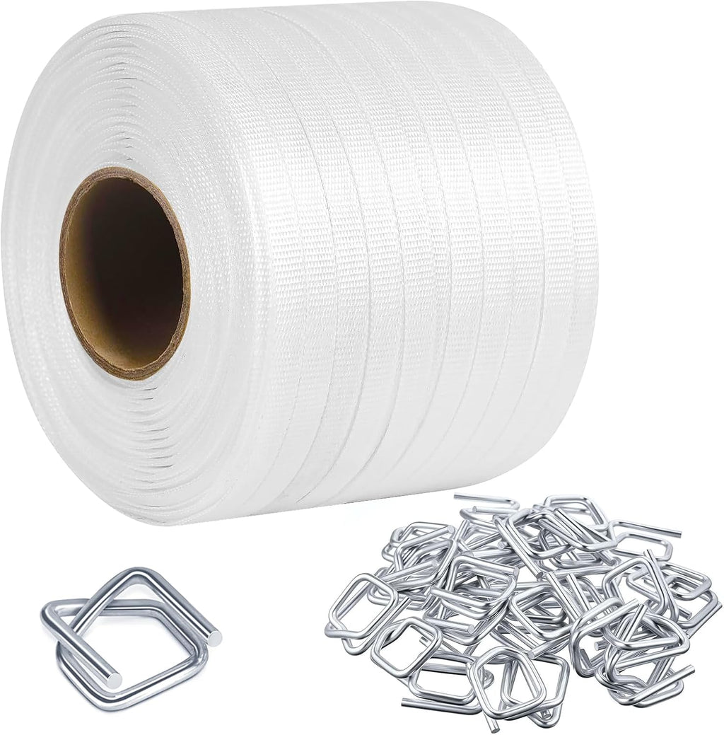 1/2" x 500' Woven Cord Strapping Kit with 200Pcs Metal Wire Buckles Havy Duty Woven Banding Packaging Strapping Rolls