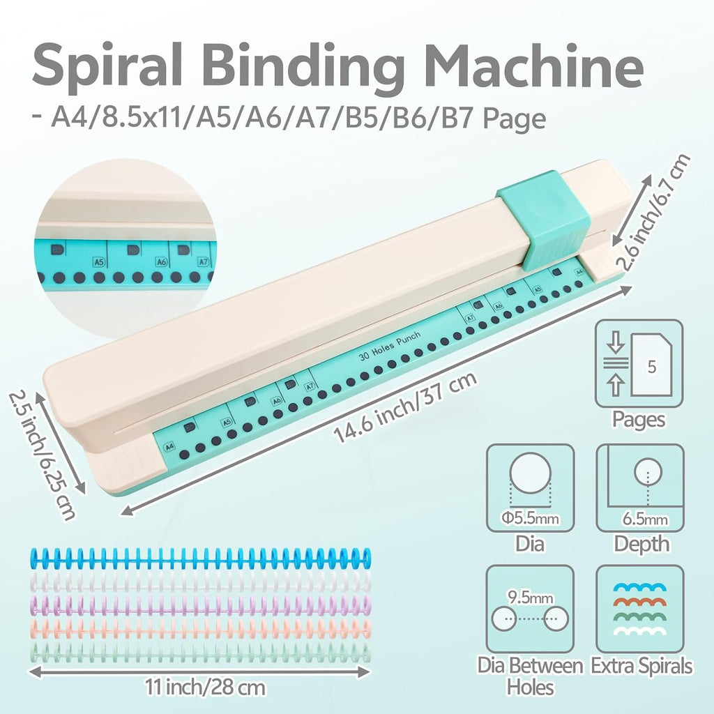 30 Hole Punch Binding Machine Heavy Duty Paper Puncher Extra Binding Spirals for Making Multiple Size Notebooks