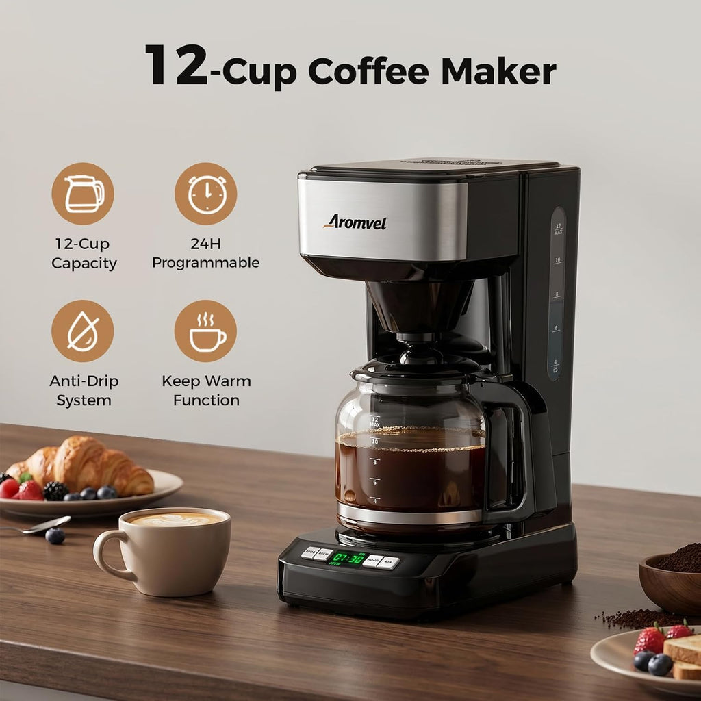 12 Cup Programmable Coffee Maker, 24-Hour Delay Brew, Drip Coffee | Large 1.8L Water Tank, Drip Coffee Machine with