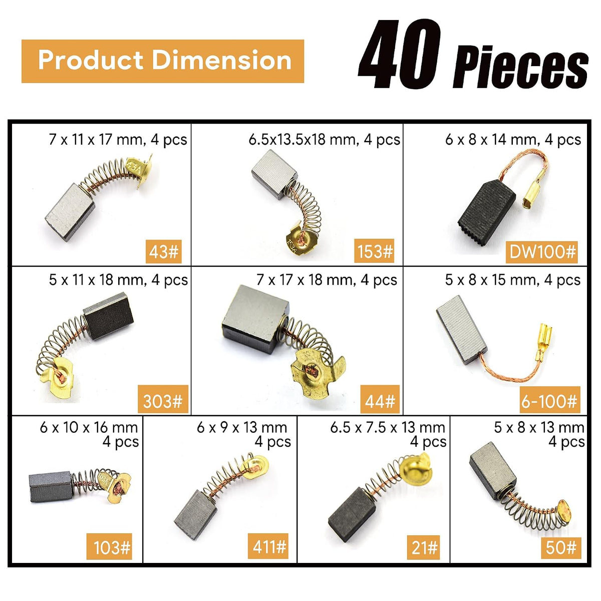 Electric Motor Carbon Brushes, Set of 40 Pcs in 10 Sizes