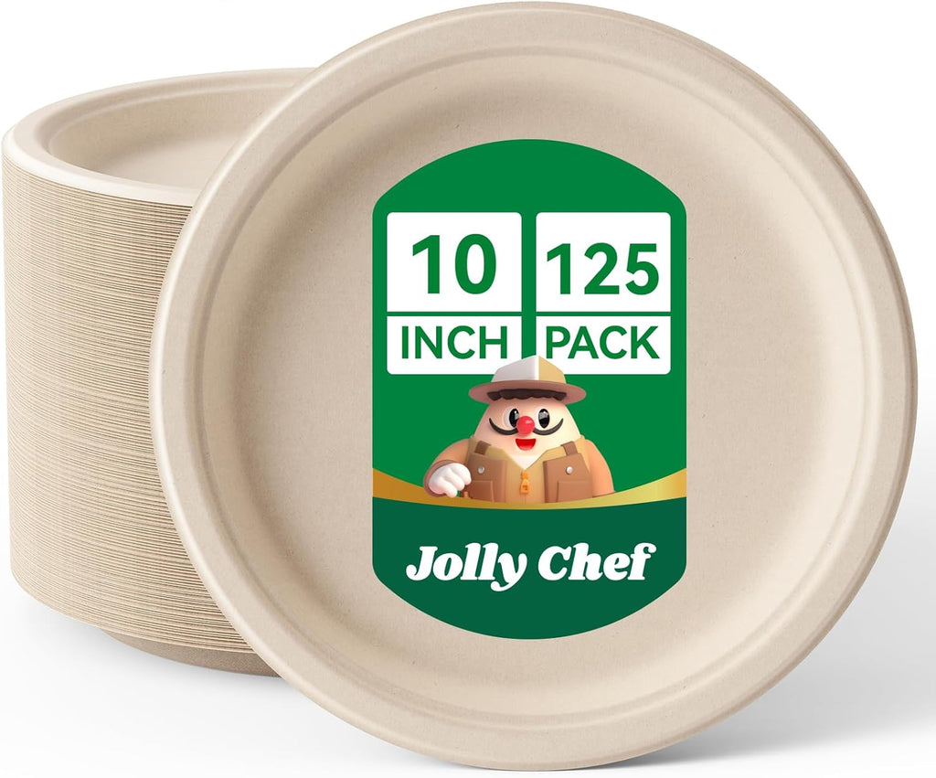 Compostable Heavy Duty 10 Inch 125 Pack Disposable Eco-Friendly Paper Plate
