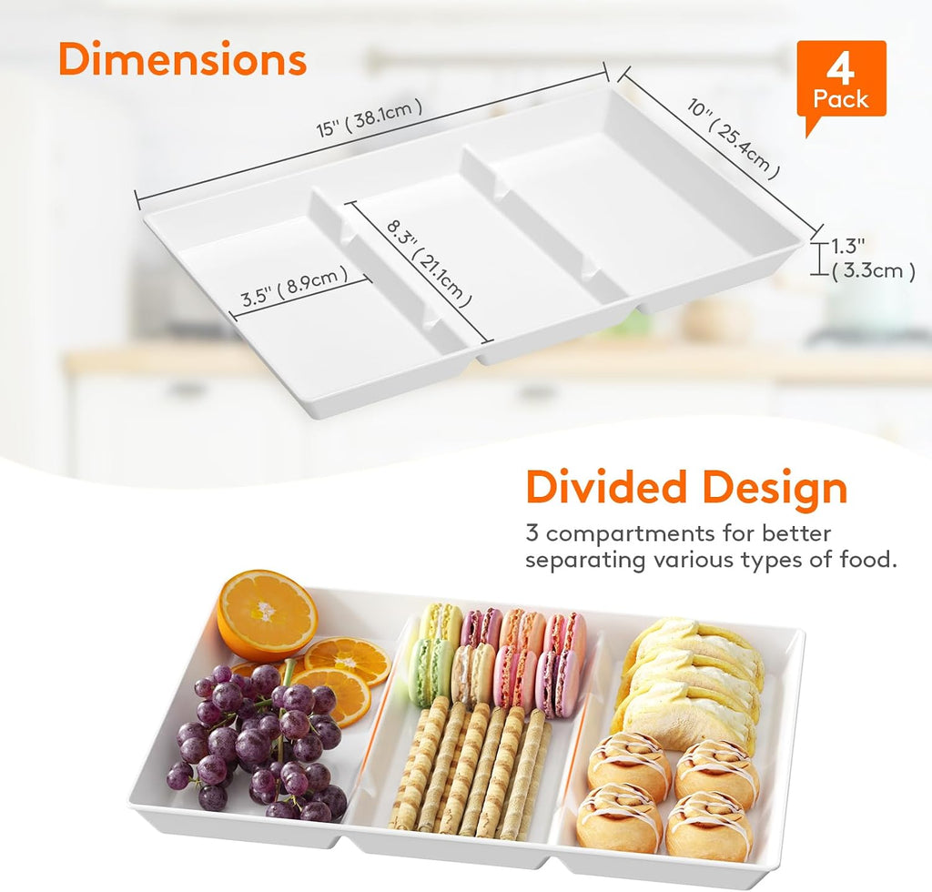 Divided Serving Tray for Party, 4 Pack Plastic Food Serving Platter
