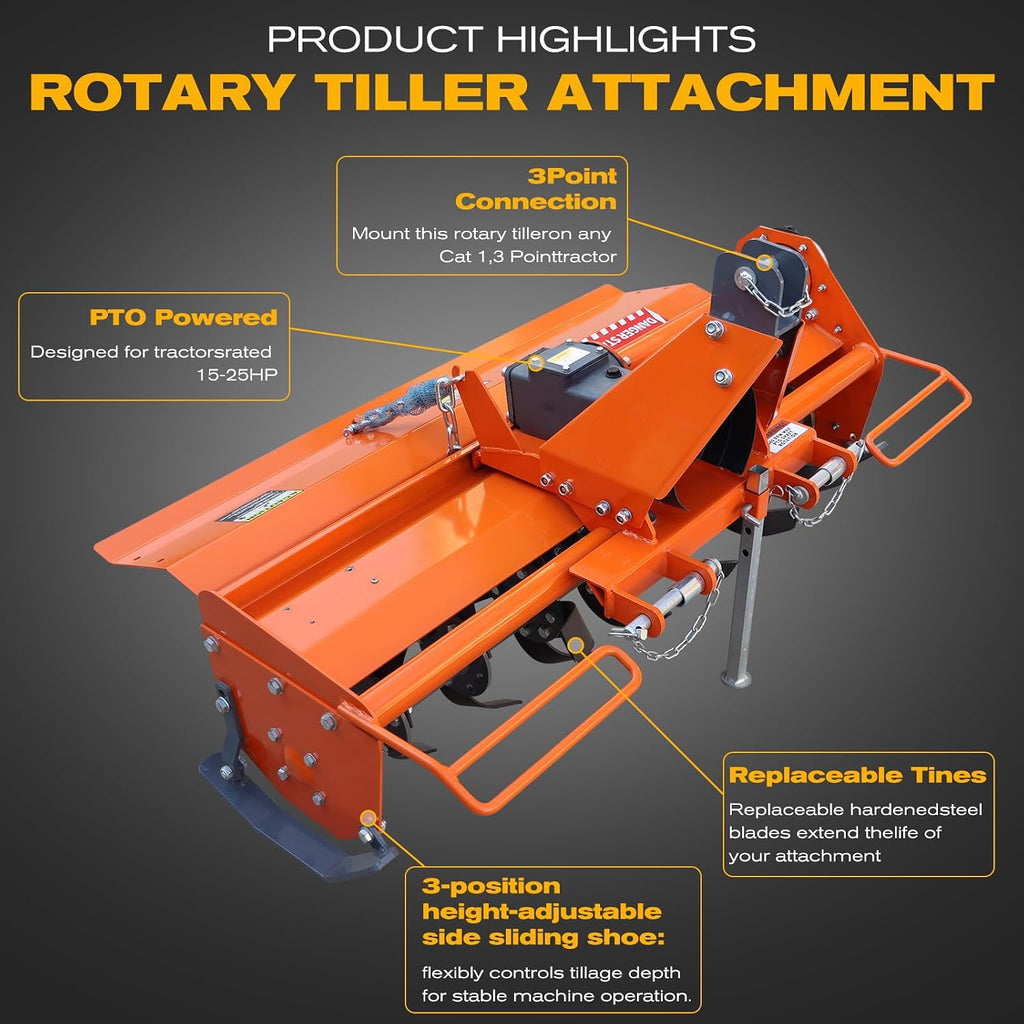 37" 3 Point Rotary Tiller Attachment for Cat 1 Tractors (15-25HP) | 540 RPM PTO-Driven Cultivator | Replaceable
