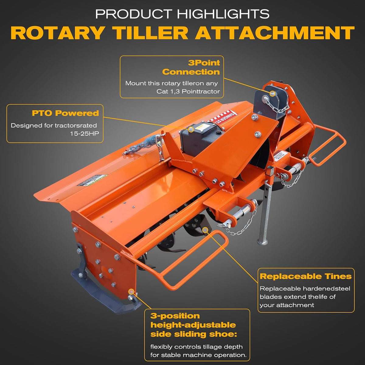 37" 3 Point Rotary Tiller Attachment for Cat 1 Tractors (15-25HP) | 540 RPM PTO-Driven Cultivator | Replaceable