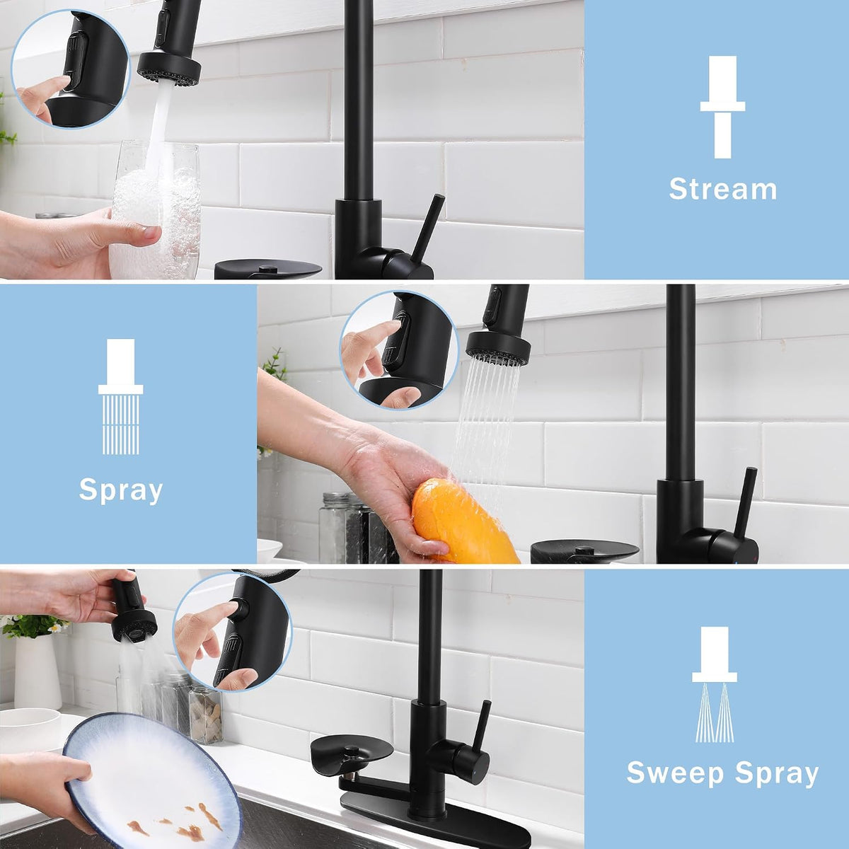 Pull Down Kitchen Faucet with Glass Rinser, 3 Spray Modes, Matte Black