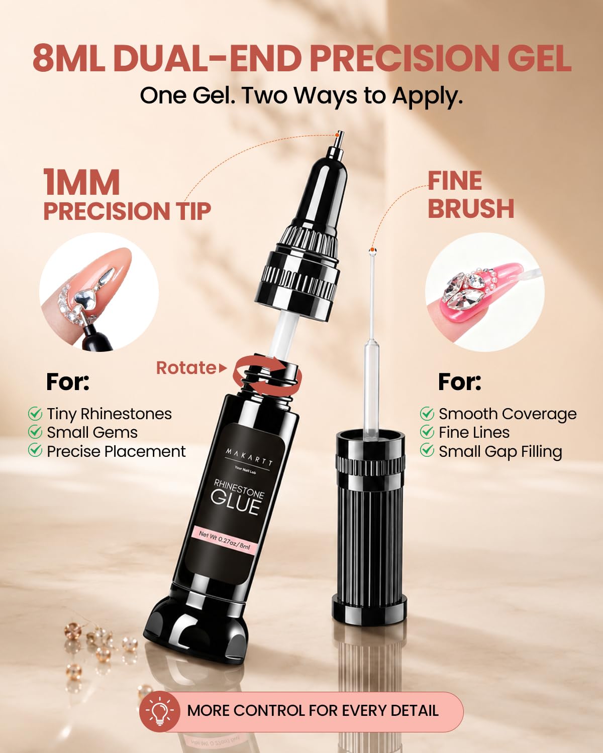 Nail Rhinestone Glue Kit, Strong Hold UV/LED Gel, 15ml + 8ml