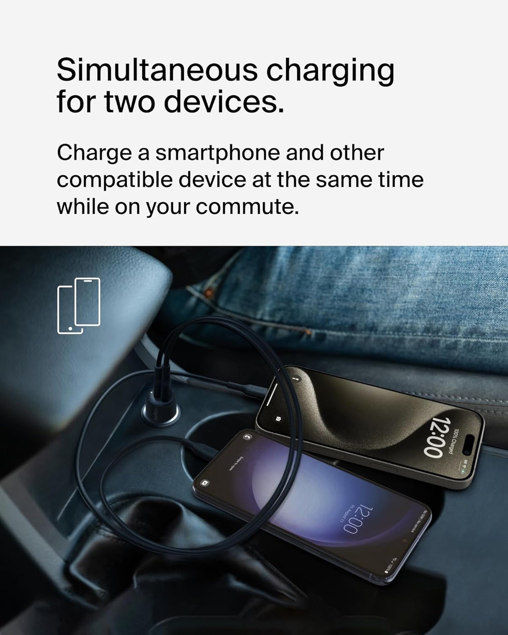 BoostCharge 42-Watt Dual Port Fast Car Charger w/30W USB-C & 12W USB-A Ports for iPhone 16, 16 Pro, Galaxy S26, S25