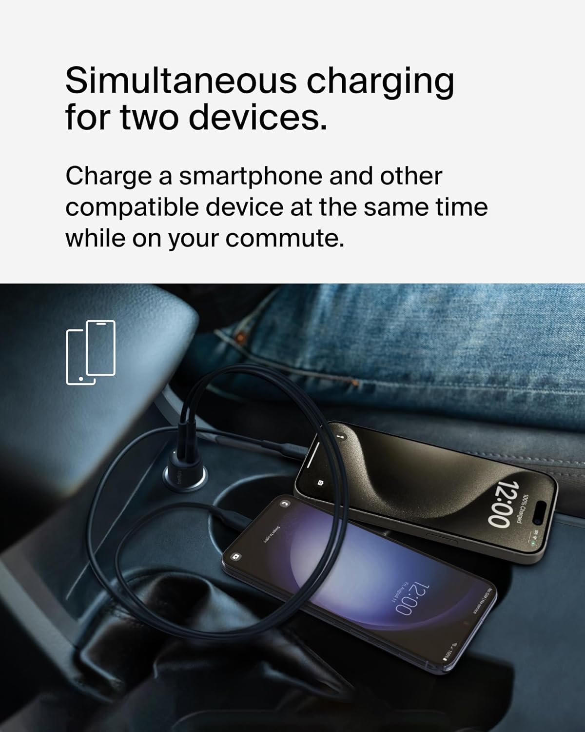 BoostCharge 42-Watt Dual Port Fast Car Charger w/30W USB-C & 12W USB-A Ports for iPhone 16, 16 Pro, Galaxy S26, S25