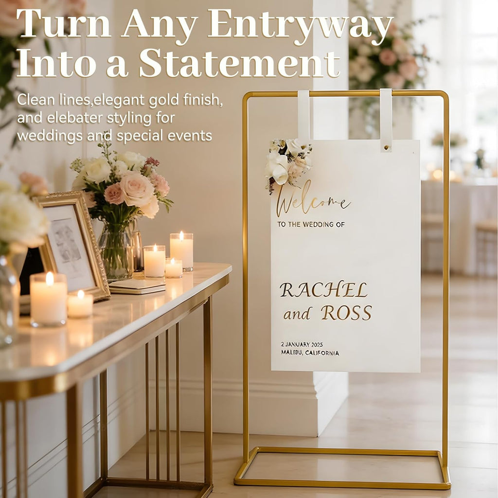 Wedding Welcome Sign Stand, Adjustable 50/68 Inch Metal Sign Holder, Gold | Overall size 68 x 31 x 20 in; ideal for