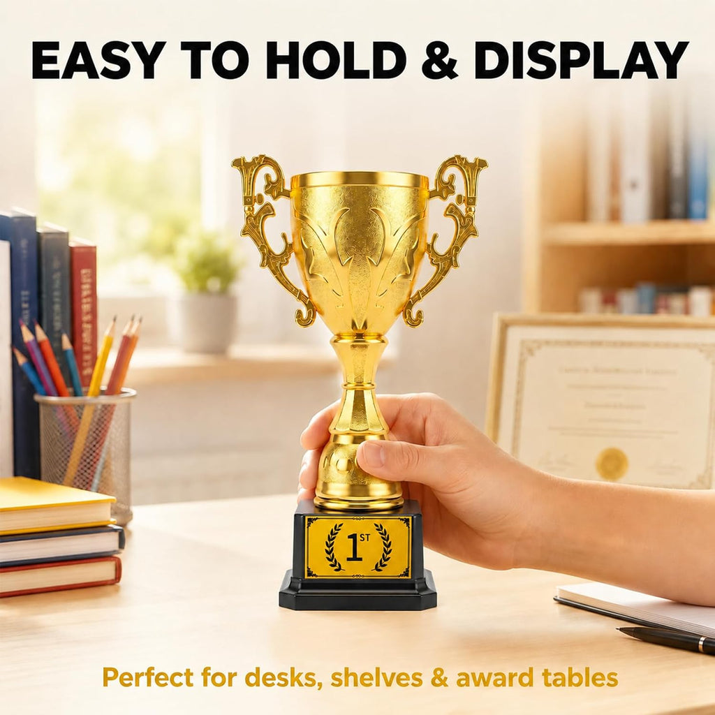 1st Place Trophy Award, Gold Plastic Cup with Adhesive First Place Plate and Black Base, Approx. 8.27 in Tall, Winner