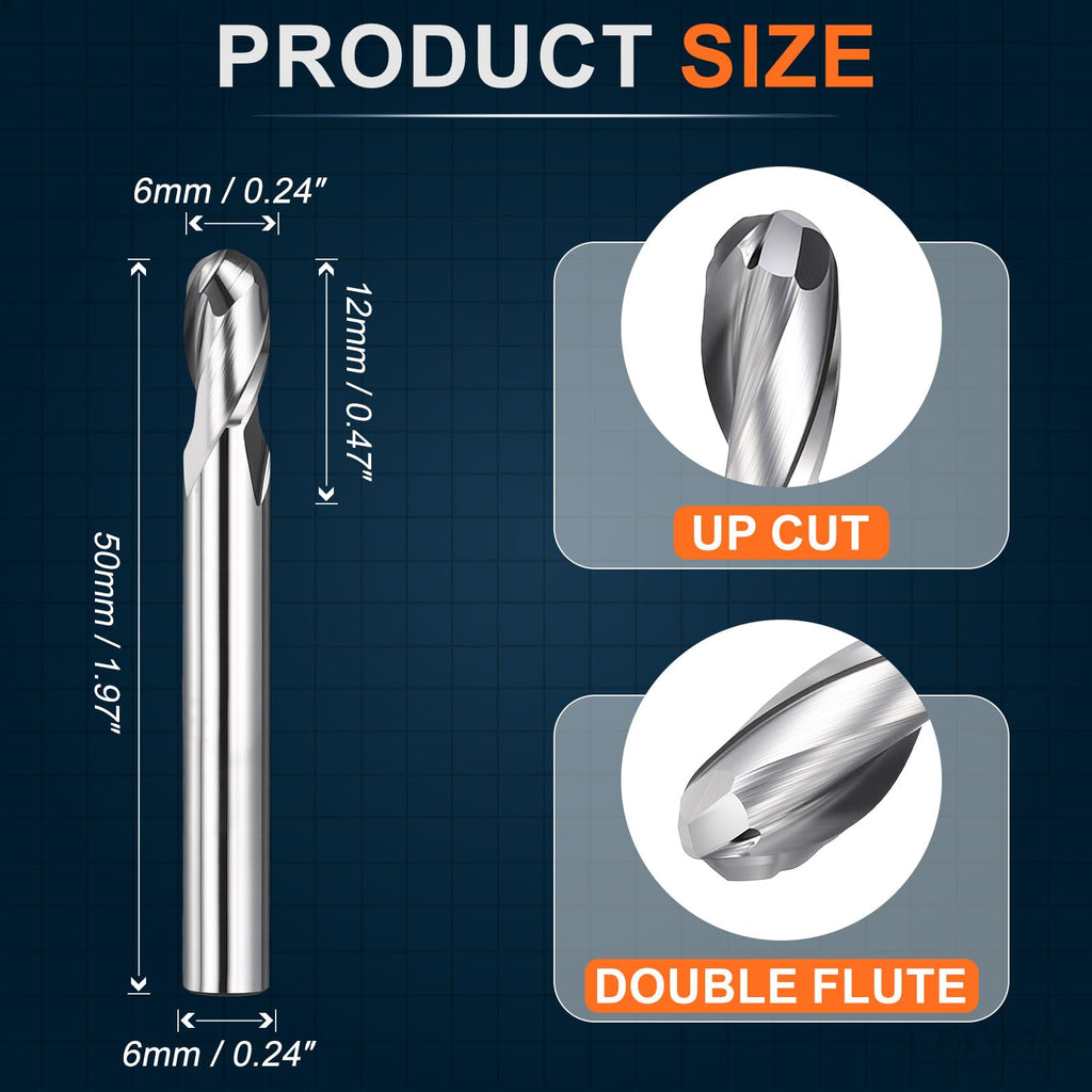 Workkyma Ball Nose Carbide End Mill 6mm Shank 6mmx12mm CDxCL 2 Flute
